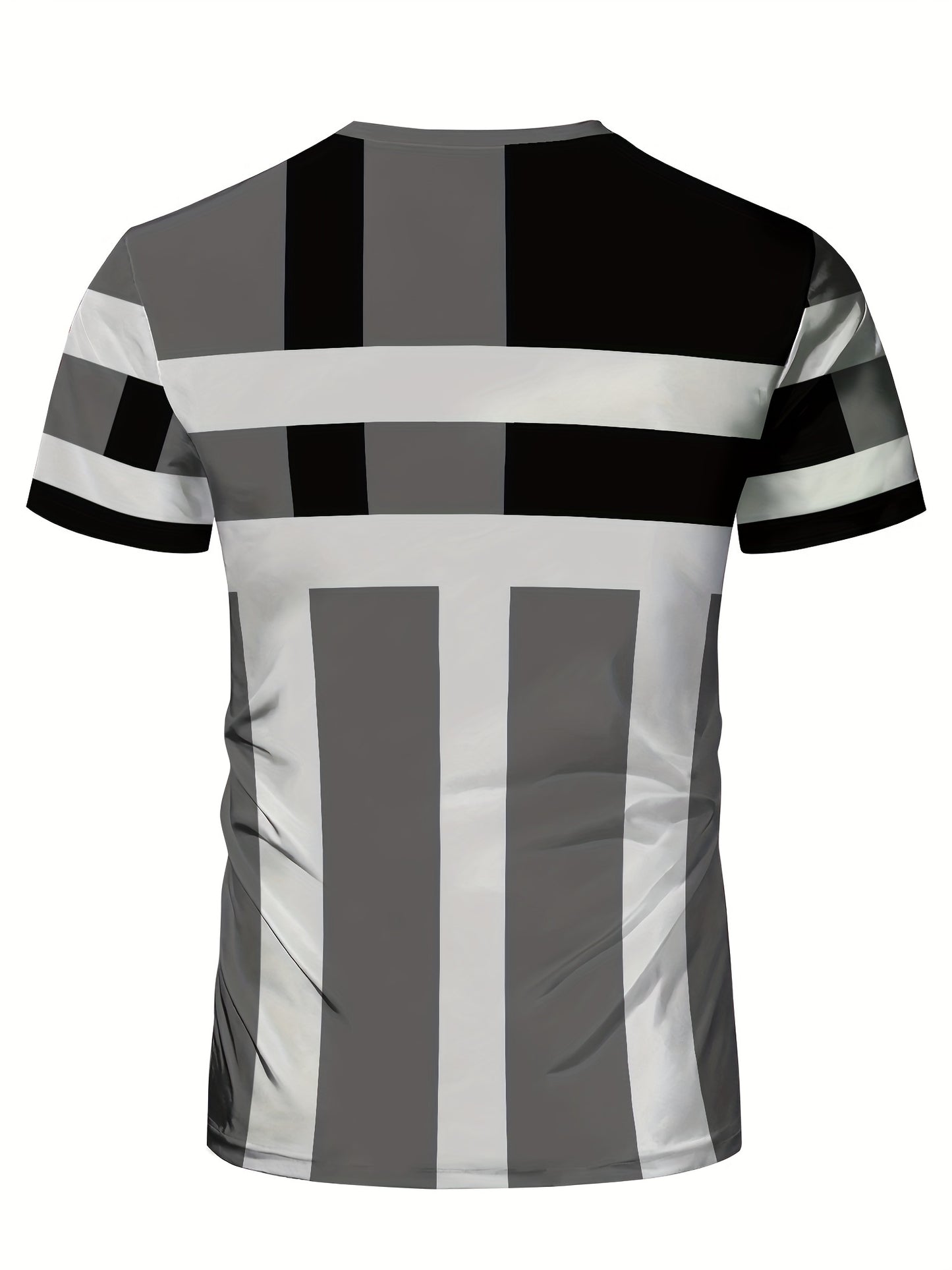 Striped Patchwork Design Pattern Print, Men'S Sports Fashion, Geometric Print High Elasticity Tight Fit Short Sleeved Round Neck T-Shirt, Summer Fitness, Training And Fitness Wear Quick Drying Sports Top with Coolness