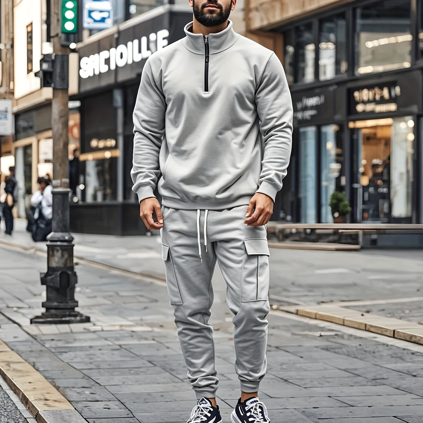 Versatile Ensemble, Men's Casual 2pcs Set: Heavyweight Zip-Up High Neck Sweatshirt & Pocketed Work Pants - Solid Color, Plush Fabric for Fall/Winter