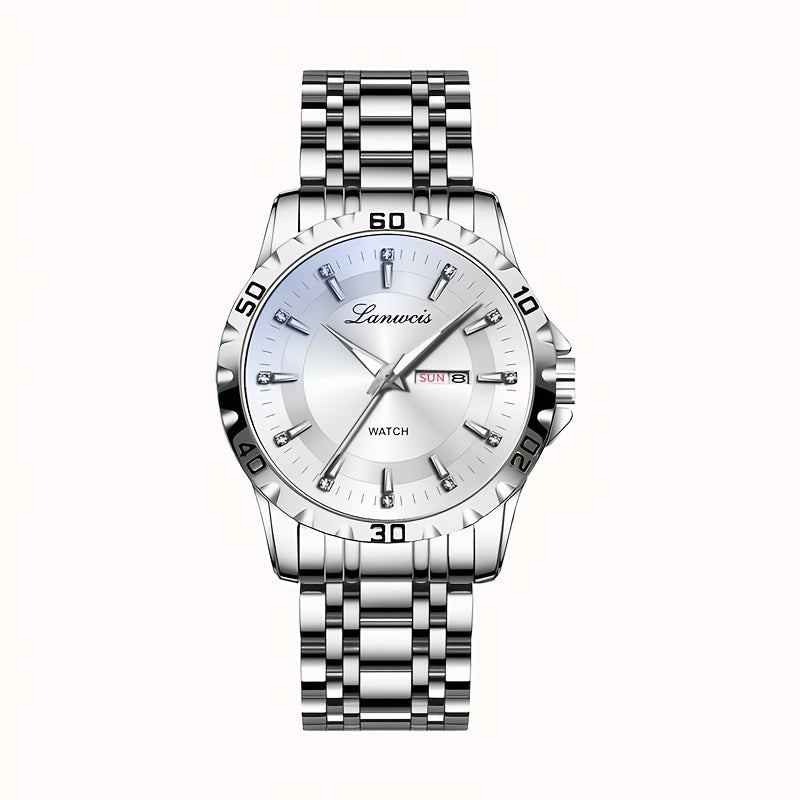 1pc Men's Business Style Stainless Steel Strap Watch - IPX7 Waterproof, Luminous Hands & Dial, Calendar & Week Display, Quartz Movement, Travel Leisure Sports Watch with Gift Box, Luxury Wristwatch | Sleek Metallic Finish | D