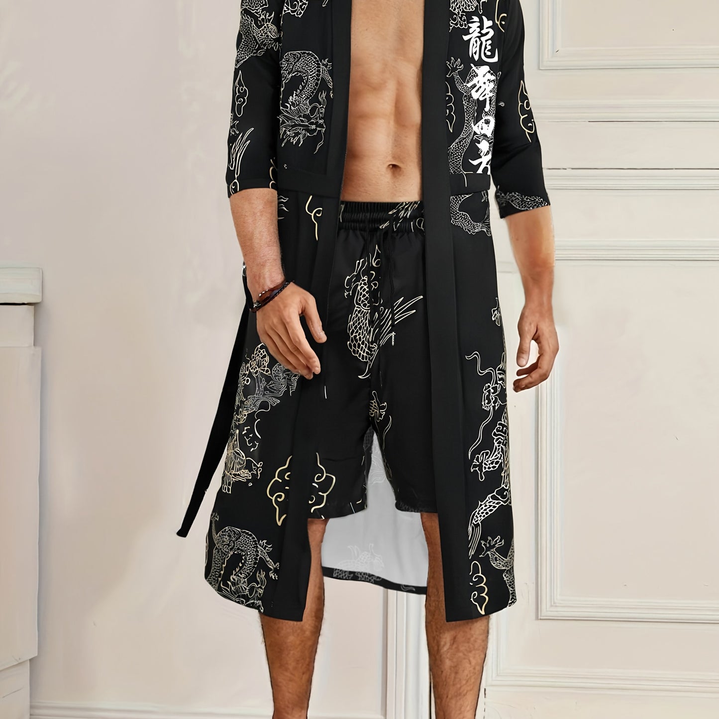 Men'S Dragon Dance Square Dragon Print Robe and Shorts Set - Casual V-Neck, Non-Stretch Polyester Home Wear with Belt Detail, Regular Fit