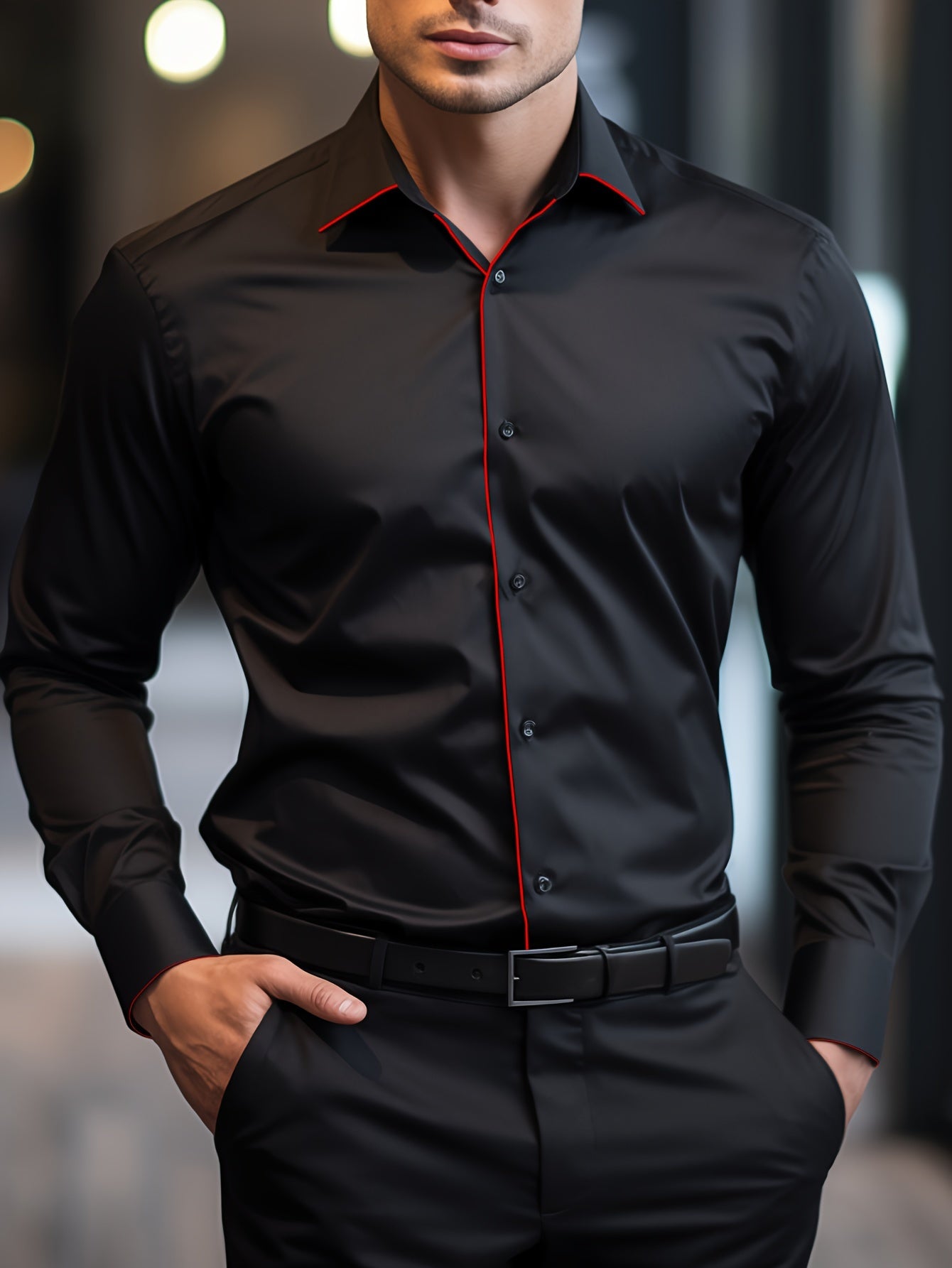 Elegant Men's Solid Color Long Sleeve Dress Shirt with Stylish Contrast Trim - 100% Polyester, Button-Up, Machine Washable - Ideal for Formal & Semi-Formal Occasions