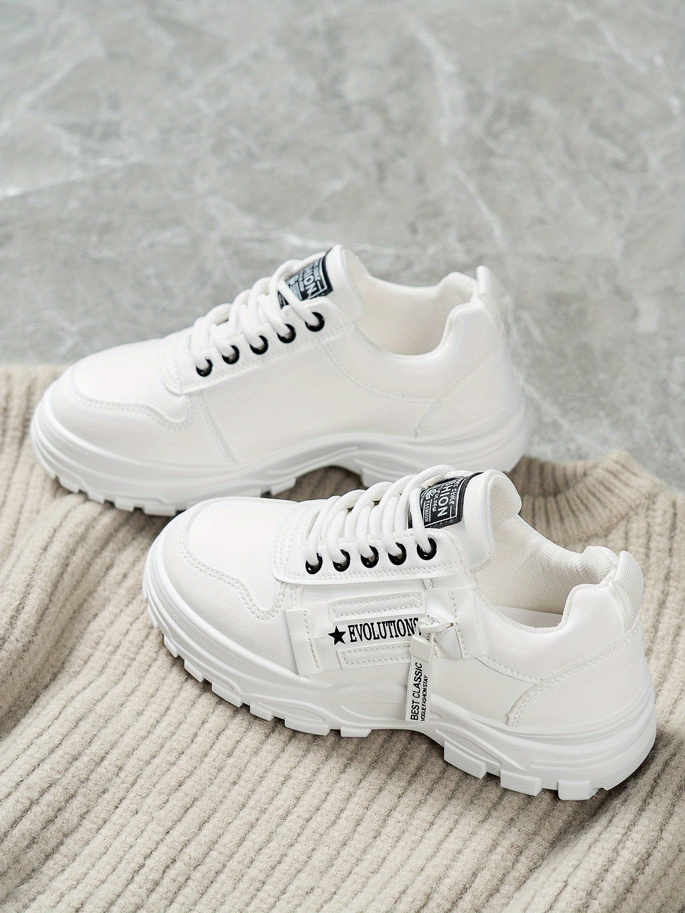 Women'S Breathable Knit Sneakers - Lightweight Thick Sole Casual Walking Shoes in White & Black, Synthetic Cover Upper with Rubber Outsole, Lace-Up Low-Top Design for Indoor/Outdoor, Travel, Beach & Shopping - Cute Gift for M