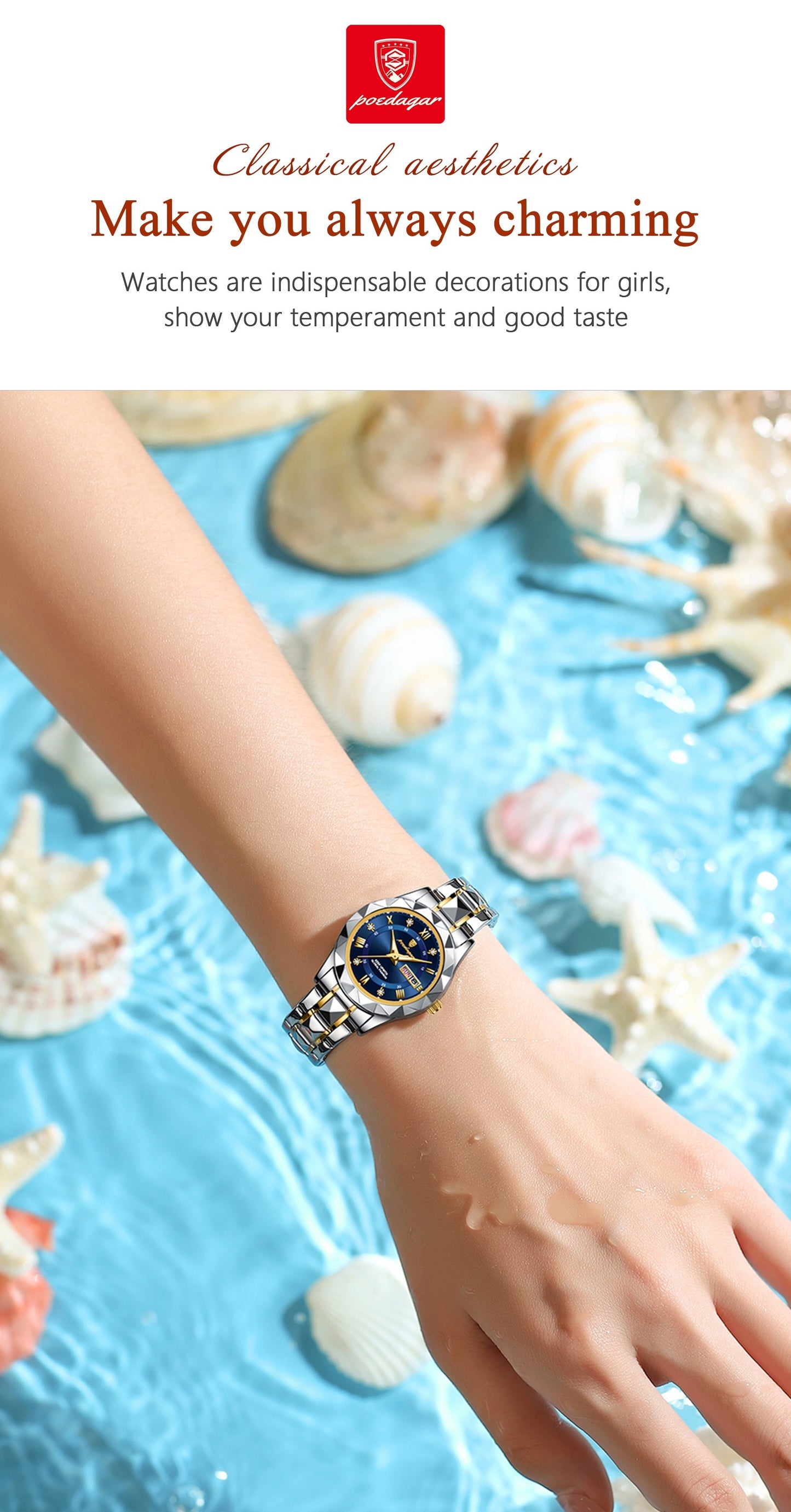 POEDAGAR Women's Elegant Stainless Steel Quartz Watch with Luminous Blue Dial, Roman Numerals, Date Calendar, IPX7 High Quality & -Accented Band for Casual & Formal Wear