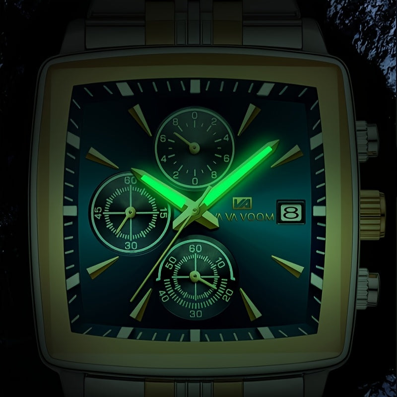 VA VA VOOM Brand New Arrival 1pc Fashionable Golden & Blue & Silveryy & Black Stainless Steel Strap, Oversized Square Dial, Multifunctional Six Needle Three Eyes, with Calendar Window, Luminous Function, High-Quality Fashiona