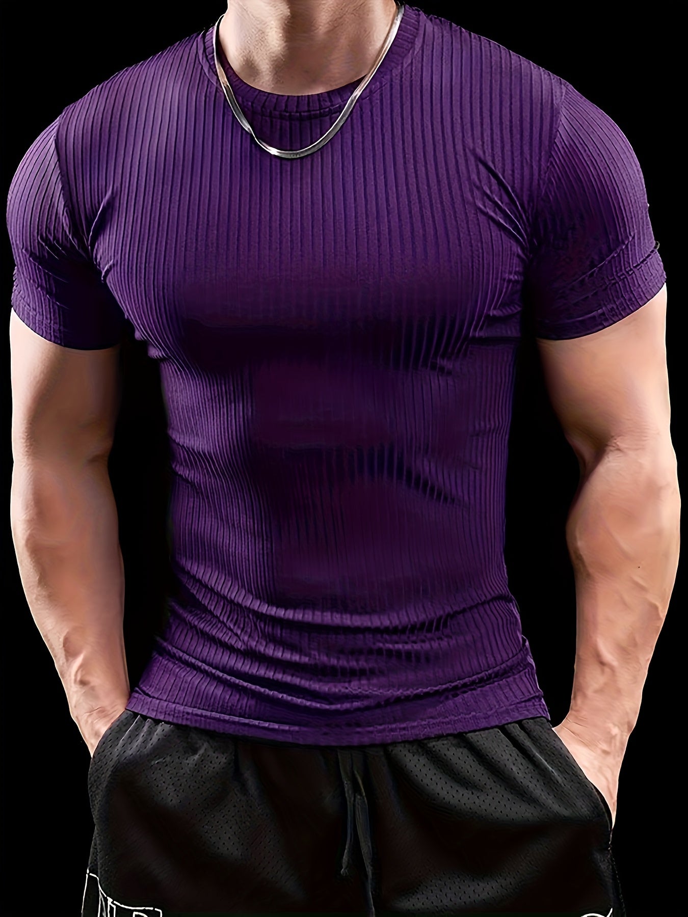 Men's Slim Fit Ribbed Short Sleeve T-Shirt - Stretchy Athletic & Casual Wear, Green, Round Neck, Machine Washable, Muscle-Enhancing Design, Gym Shirts
