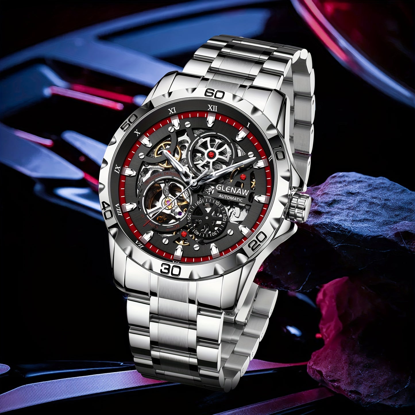 GLENAW Men's Automatic Skeleton Watch - Self-Winding Mechanical Watch with Flywheel Rotation, Transparent dial, Date Display, Stainless Steel Band - No Battery Needed, Wristwatch for Everyday & Formal Events - Ideal Gift for