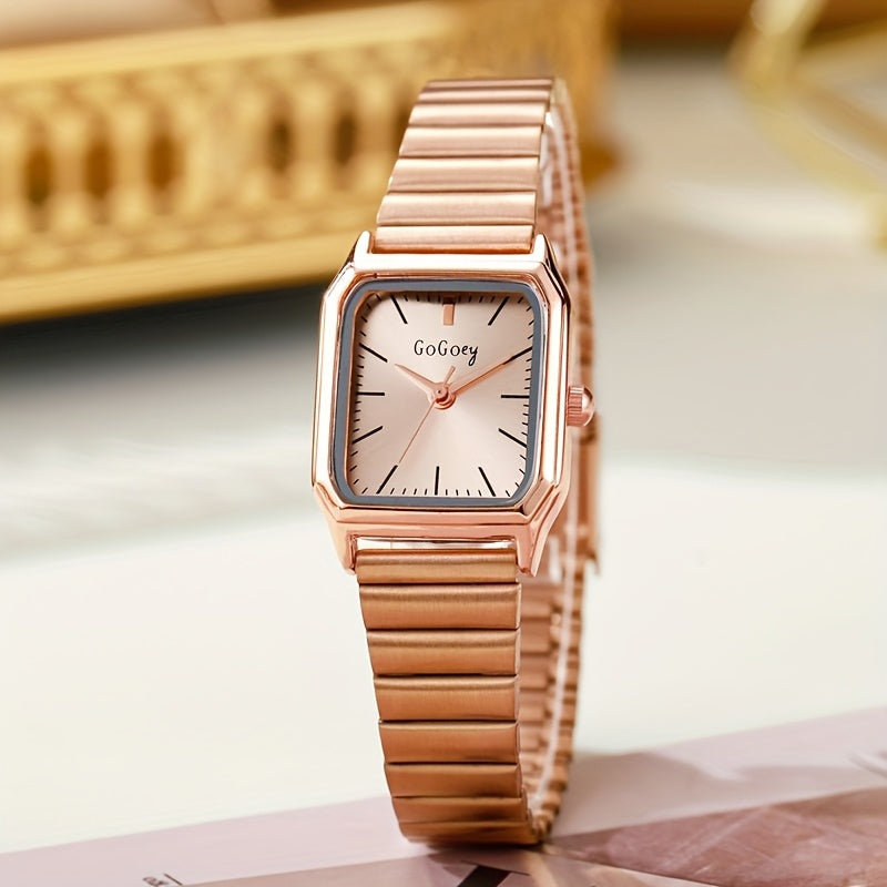 1pc Women Gold Stainless Steel Strap Fashion Square Dial Quartz Watch, for Daily Life, Holiday gift