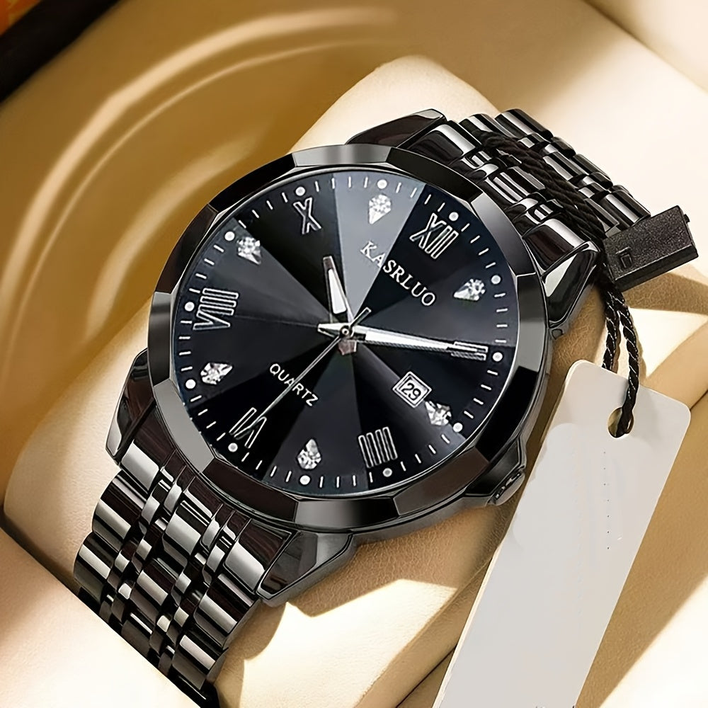 KASRLUO Men's Elegant Stainless Steel Watch with Crystal Roman Numerals & Date Display - Business Style, Quartz Movement