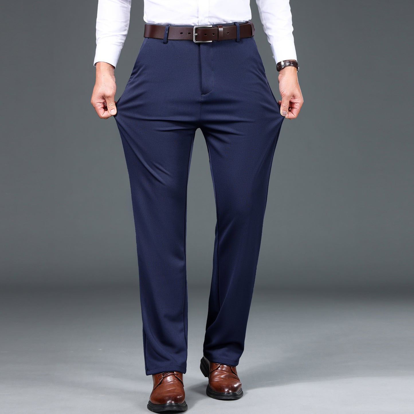 1pc Men'S Warmth Business Casual Pants, Fall/Winter Fleece-Lined Thickened Straight-Leg Trousers with Slant Pockets, Solid Color Knit Fabric Regular Fit Dress Pants with Zipper Closure, Medium Stretch Polyester