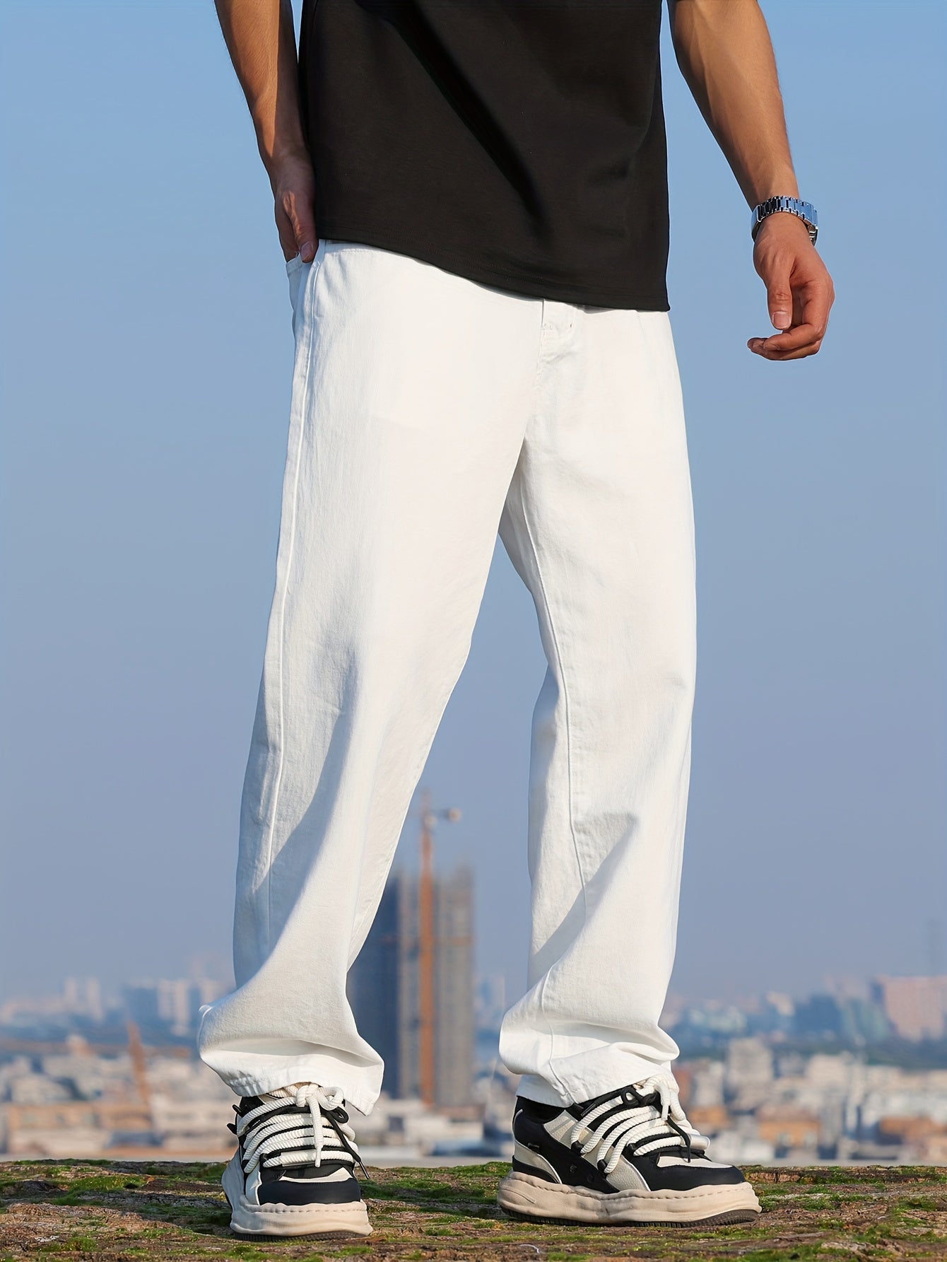 Loose Cotton Blend Men's Solid Wide Leg Pants, Men's Casual Denim Pants, All Seasons