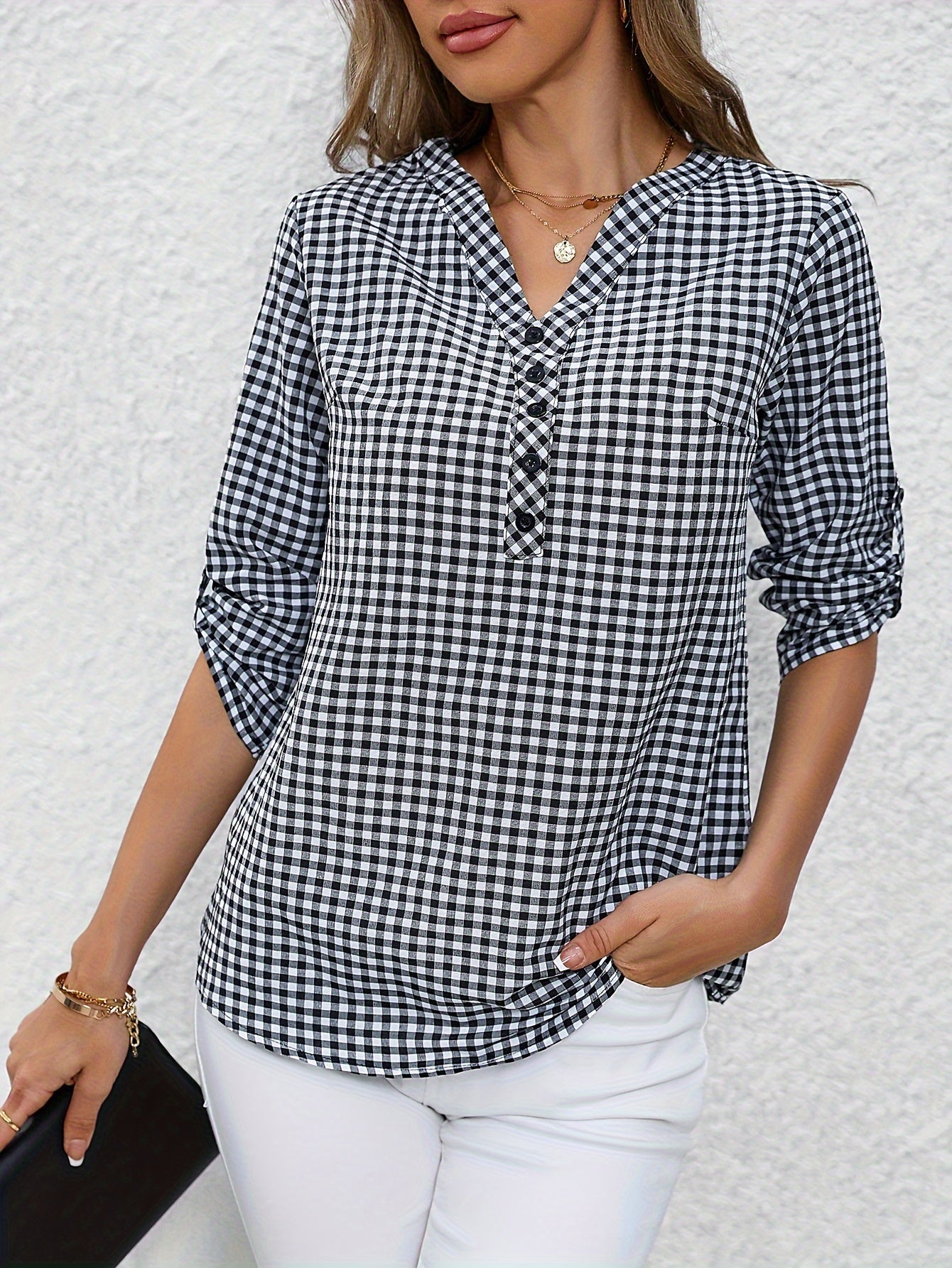 Women'S Casual Yellow & White Plaid Button-Up Shirt - Polyester, V-Neck, Long Sleeves, Casual Wear, Casual Wear|Plaid Pattern|Polyester Fabric