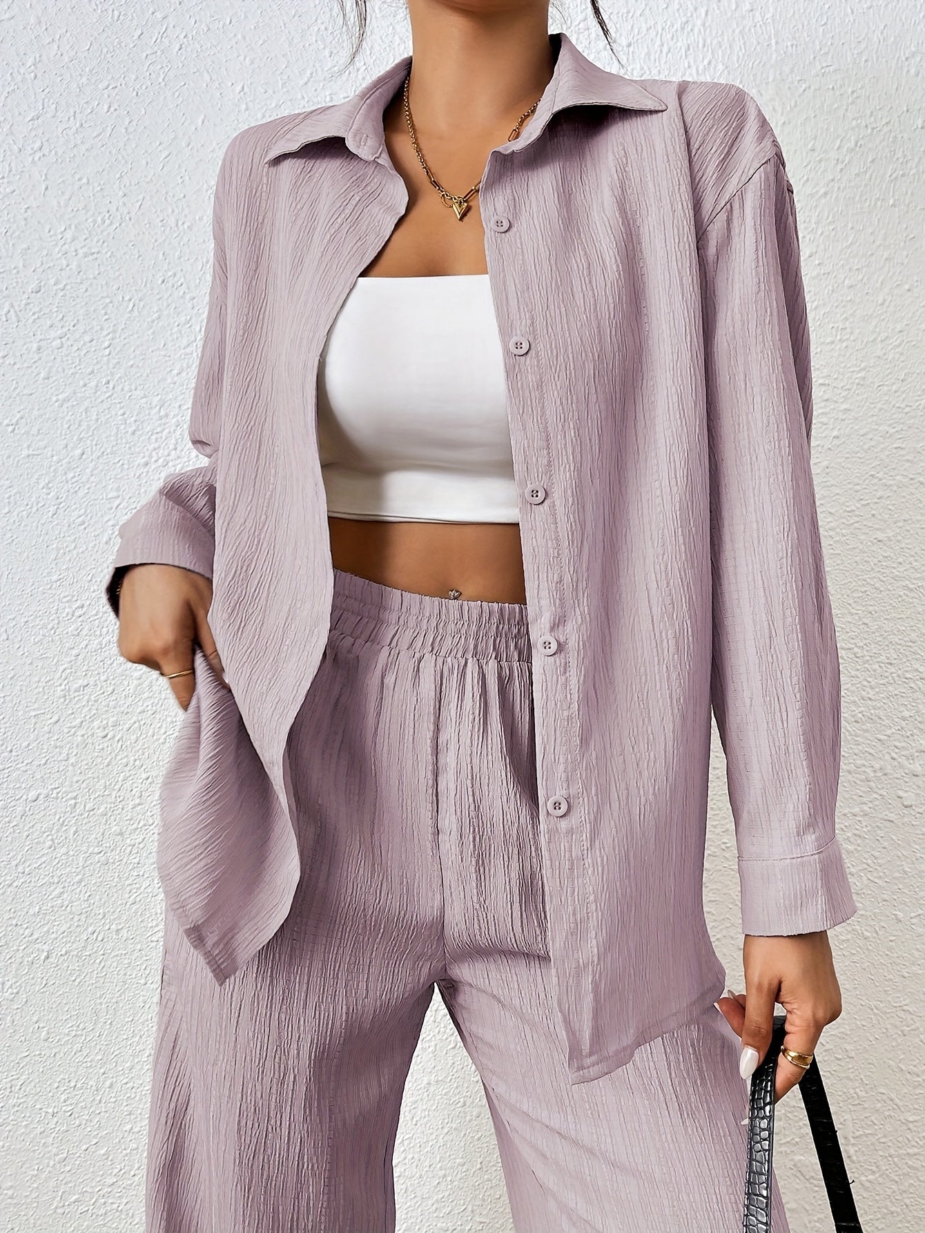2pcs Women Spring & Autumn Casual Solid Color Long Sleeve Shirt And Pants Set