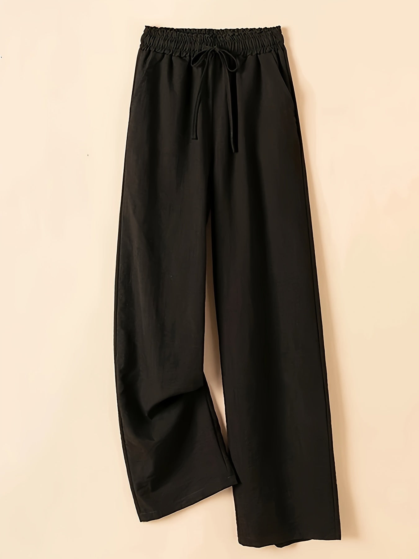 Women's Comfortable High-Waist Drawstring Wide-Leg Pants - Soft Polyester, Black, Relaxed Fit, Machine Washable, Casual Style for Casual Attire, Everyday Comfortable Wear | Relaxed Fit Pants | Glossy Finish
