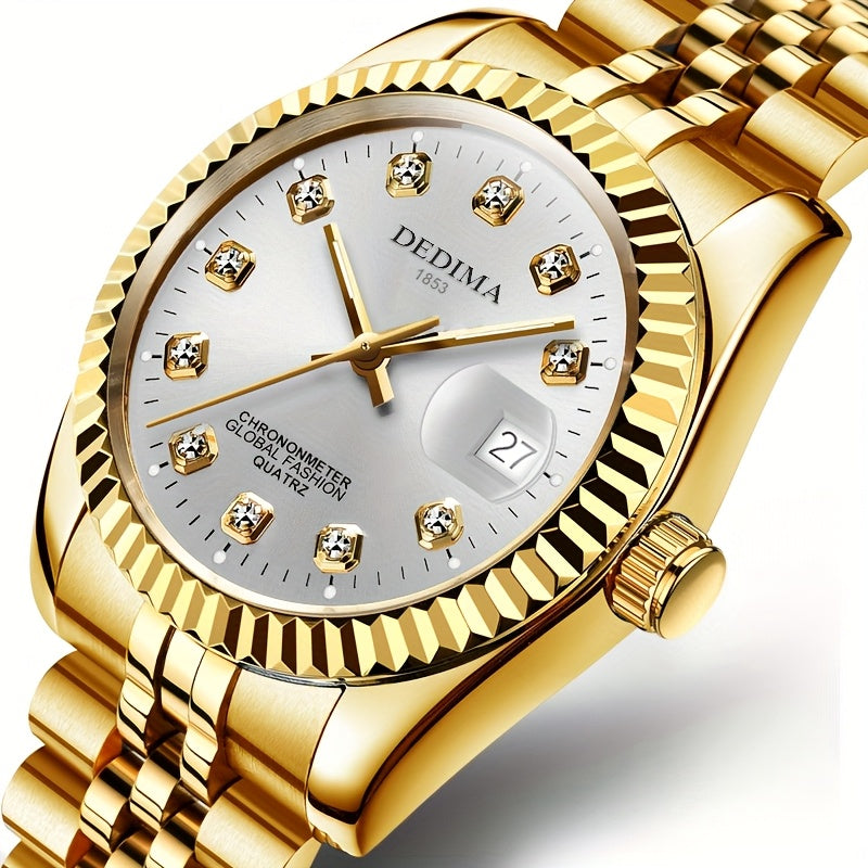 DEDIMA Elegant Stainless Steel Band Calendar Watch, Quartz Movement, Round Dial with Rhinestones, Battery-Powered, Non-Rechargeable Button Battery, Regular Cleaning, for Men, Women, Students, Christmas, Valentine'S Day, Thank