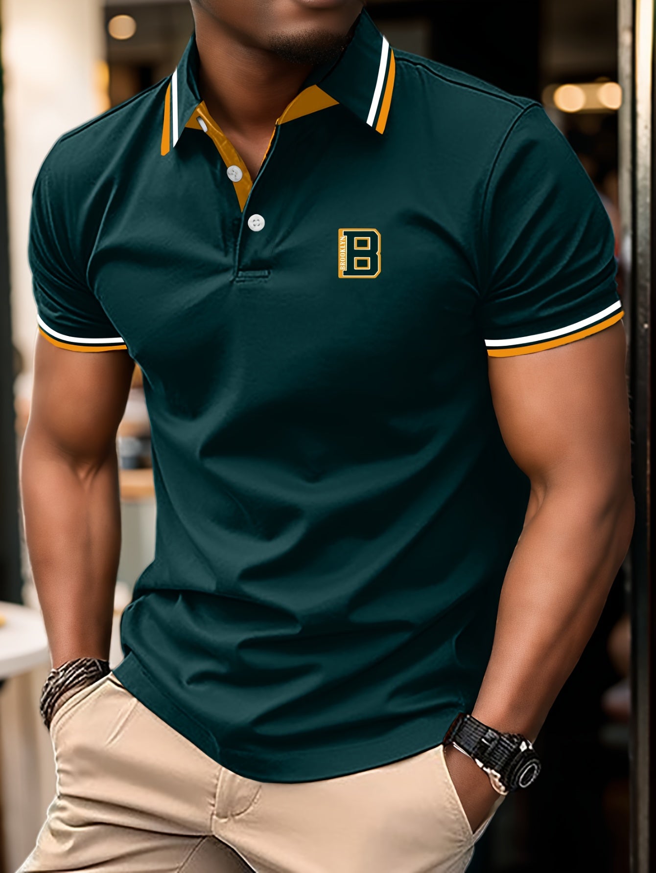 Men's Trendy Simple Letter Print Color Block Short Sleeve Button Up Lapel Shirt For Summer Daily, Golf Shirt