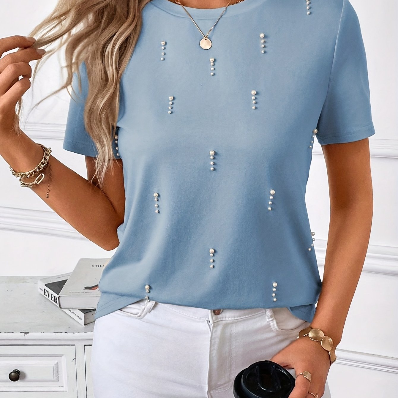 Women'S Beaded Embellished Short Sleeve T-Shirt - Round Neck Casual Top for Spring & Summer, Lightweight Polyester Blend, Elegant Beaded Detailing, Perfect for Casual Attire