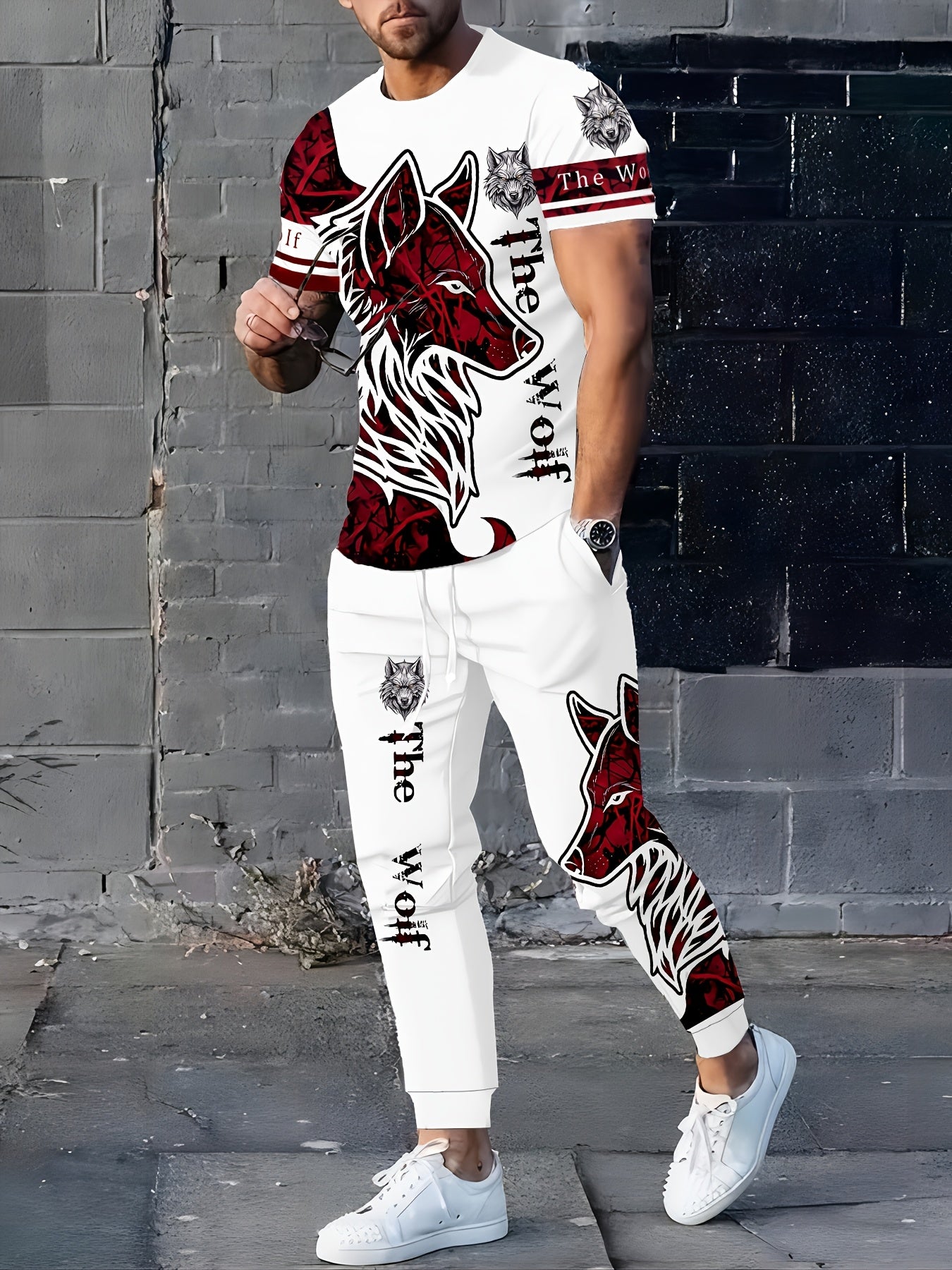 Men's polyester sportswear | Elegant and casual round neck with a Wolf head | Slightly elastic knitted strap with 3D printing | 2pcs set with normal style | Patterned short-sleeved T-shirt and trousers