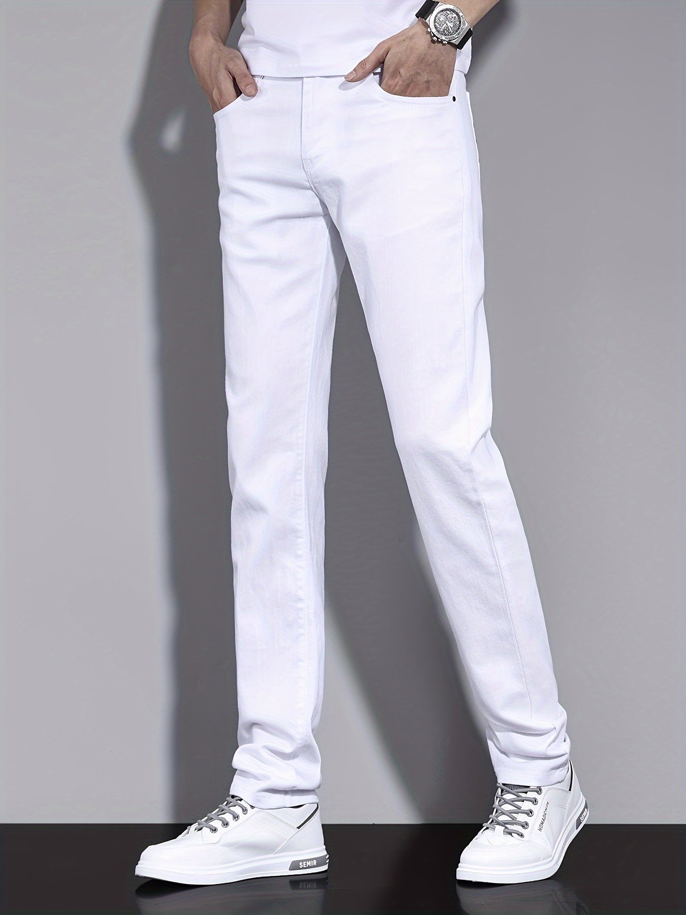 Men's Solid Washed Denim Trousers With Pockets, Causal Cotton Blend Jeans For Outdoor Activities