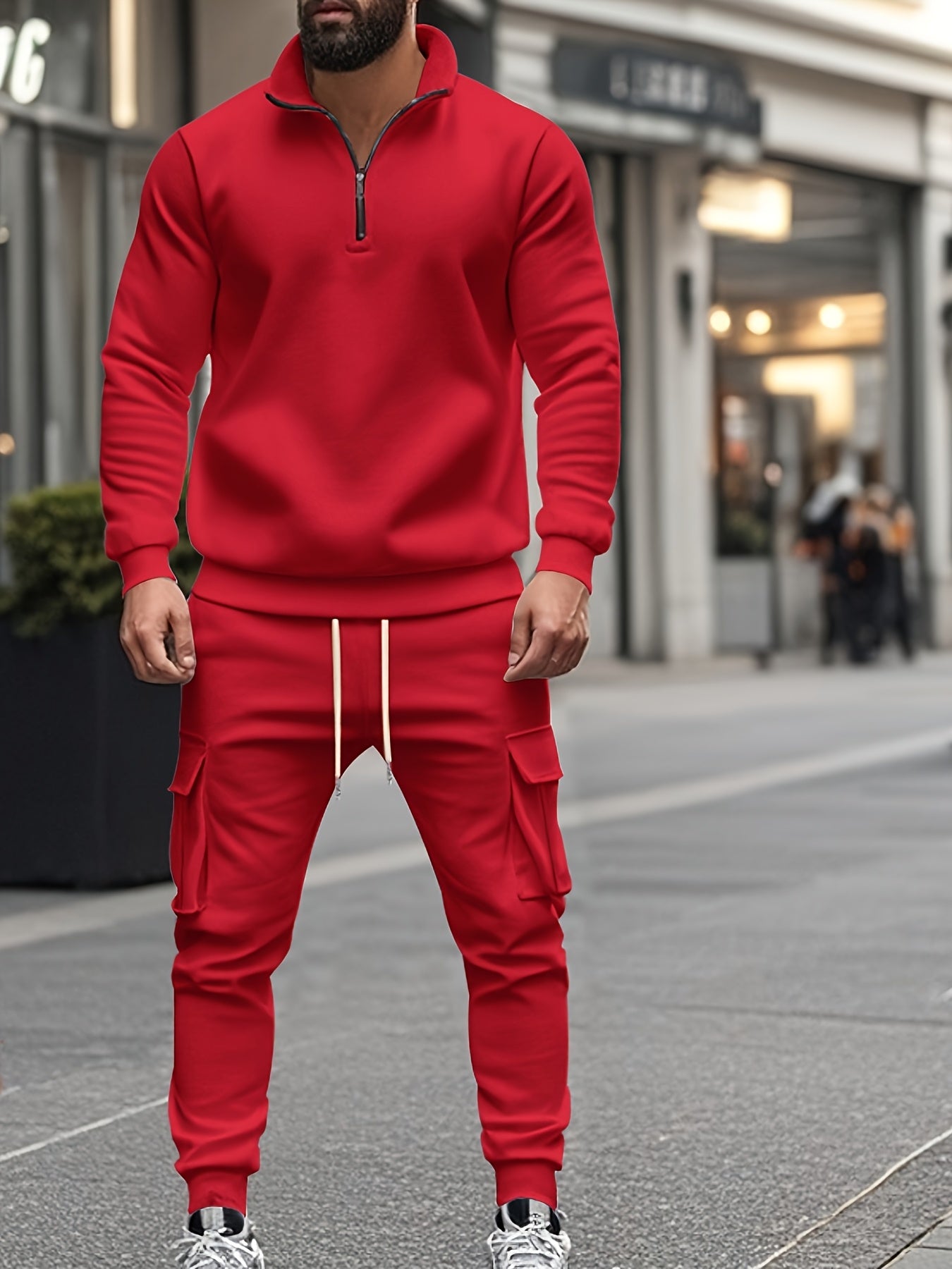 Versatile Ensemble, Men's Casual 2pcs Set: Heavyweight Zip-Up High Neck Sweatshirt & Pocketed Work Pants - Solid Color, Plush Fabric for Fall/Winter