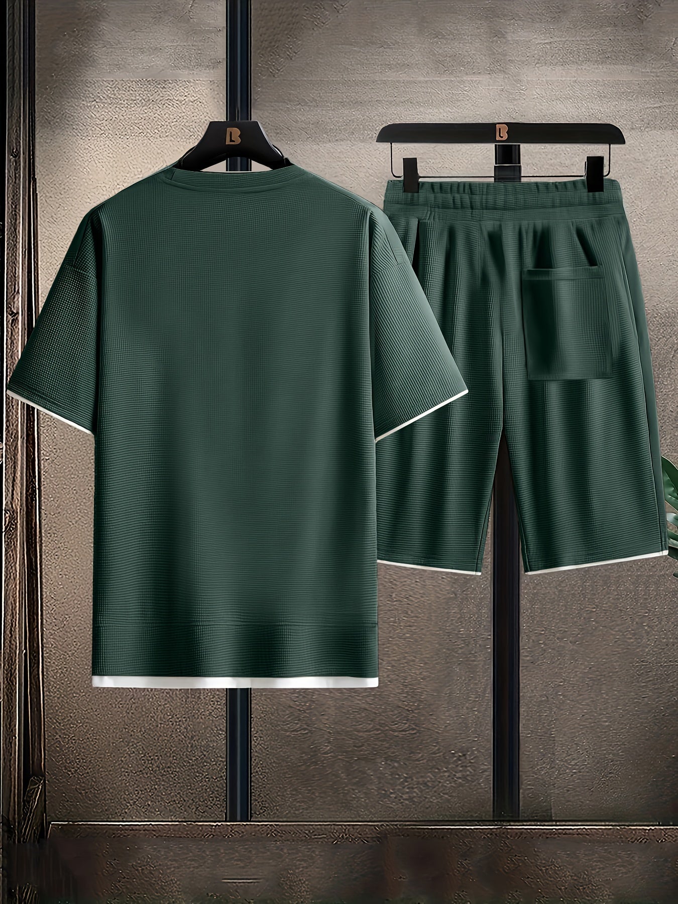Waffle Grid Men's Trendy Round Neck T-shirt Breathable Casual Sports Suit Loose Two-Piece Set