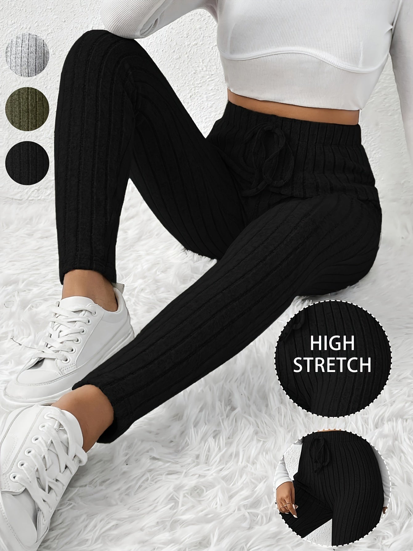 High-Waisted Drawstring Skinny Knitted Pants For Everyday Wear - Solid Color Women's Casual Clothing