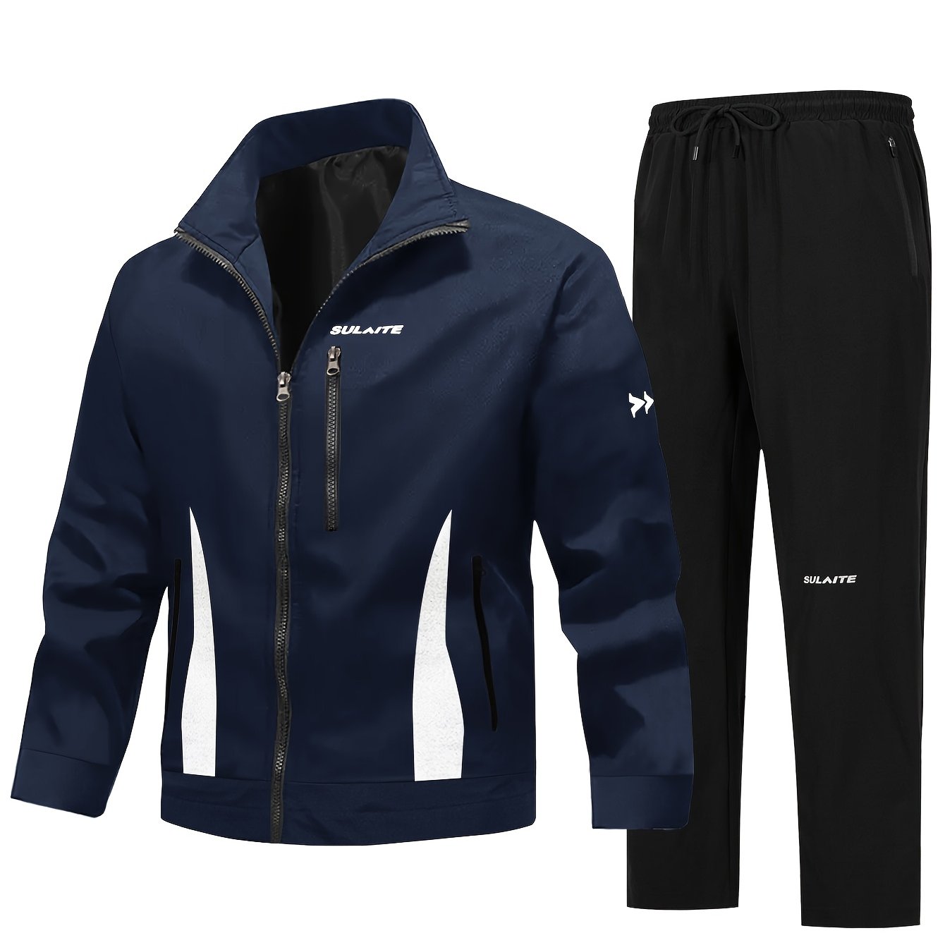 Men'S Casual Sportswear Set - Black Jacket with Zipper Pockets & White Accents, Matching Pants, Perfect for Spring & Fall, Sportswear Outfit|Zippered Jacket|Functional Pockets