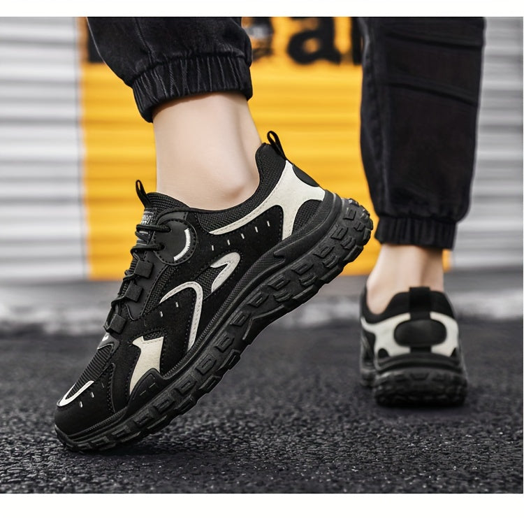 Men's Trendy Chunky Sneakers - Breathable Mesh & PU Upper, Durable PVC Sole, Lace-Up Casual Sneakers in Gray, Black & Orange, All-Season Comfort for Casual Attire