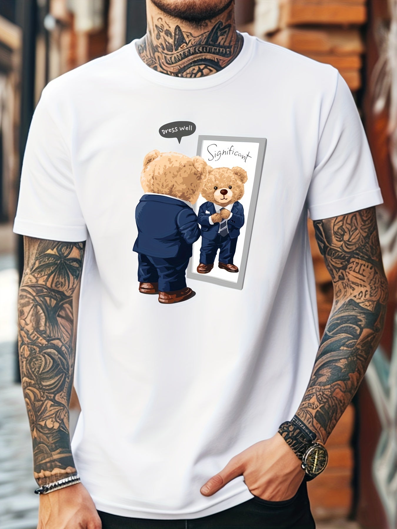 Men's Casual Short-Sleeve T-Shirt with Cool Bear Print - Breathable Polyester Blend, Stretch Fit, Machine Washable - Perfect for Summer, Men's Fashion, Sport