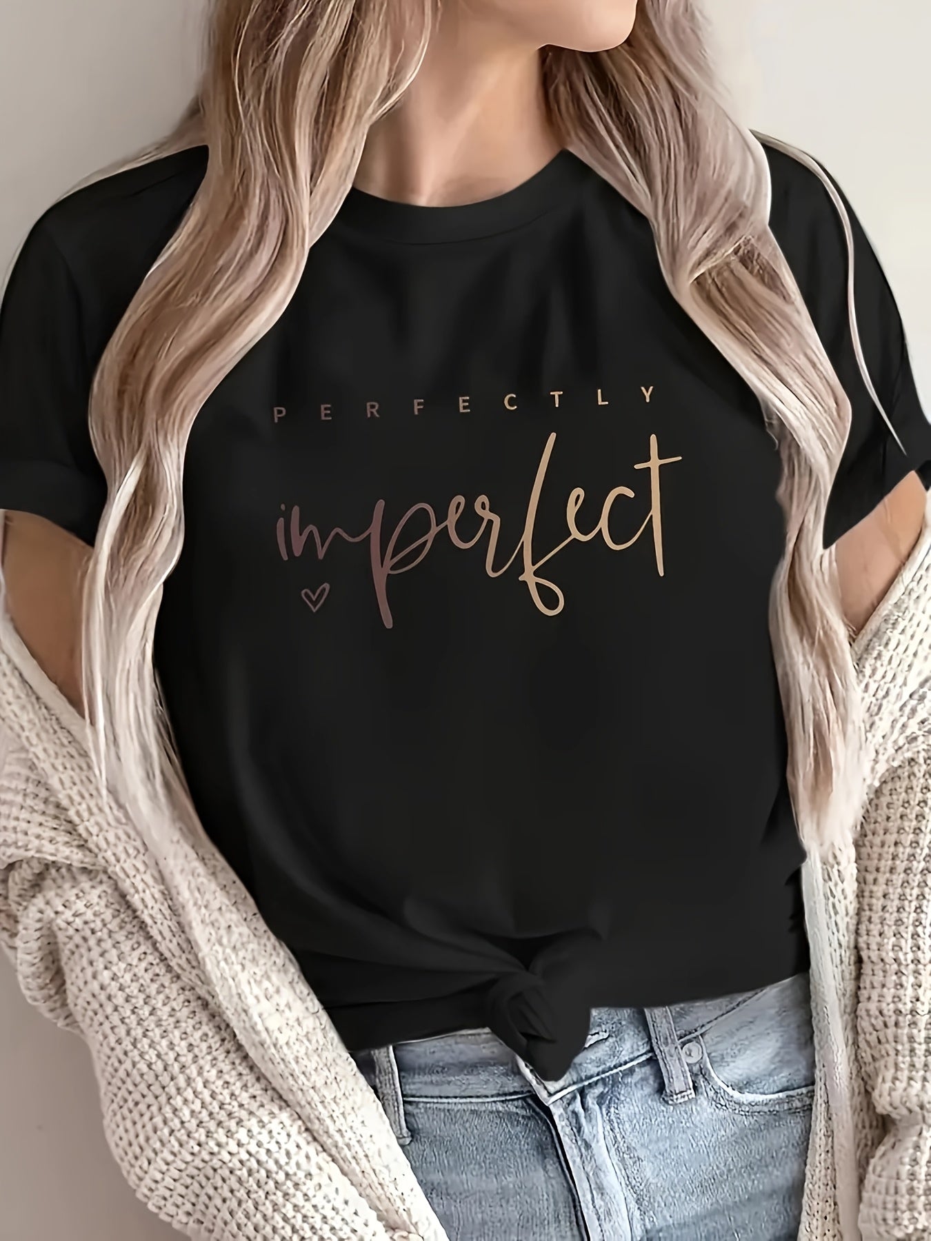 Women's Casual Letter Print T-Shirt - "Perfectly Imperfect" Design, Crew Neck, Short Sleeve, Soft Polyester Fabric, Versatile Everyday Top