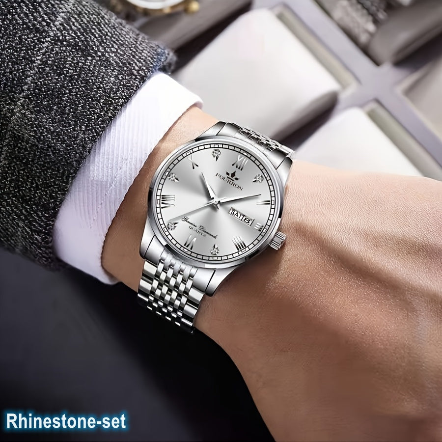 1pc Elegant Rhinestone-Set Stainless Steel Bracelet Watch for Men - Quartz, Date & Calendar Display, Glow-in-the-Dark Hands, Waterproof, Business Casual Style, Ideal Gift for Birthdays & Holidays, Casual Accessory | Elegant W