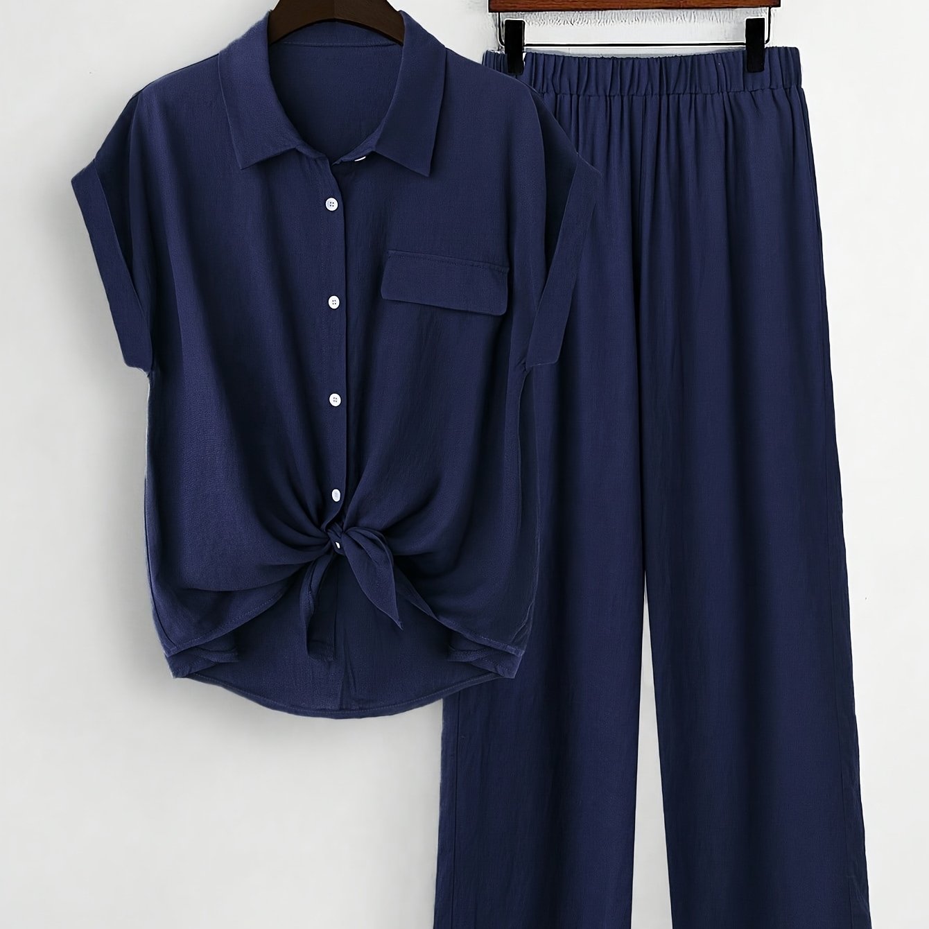 Plus Size, Women's Plus Size Long Sleeve Shirt and Straight Leg Pants Set