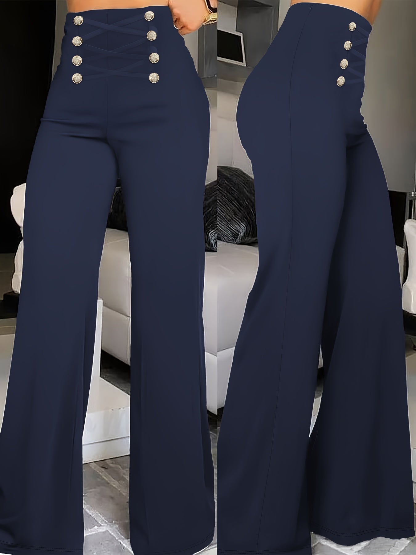 Elegant Double-Breasted Waistband Casual Pants, Solid Color, Polyester, Machine Washable - All Seasons, Queen Style, High-Grade Design
