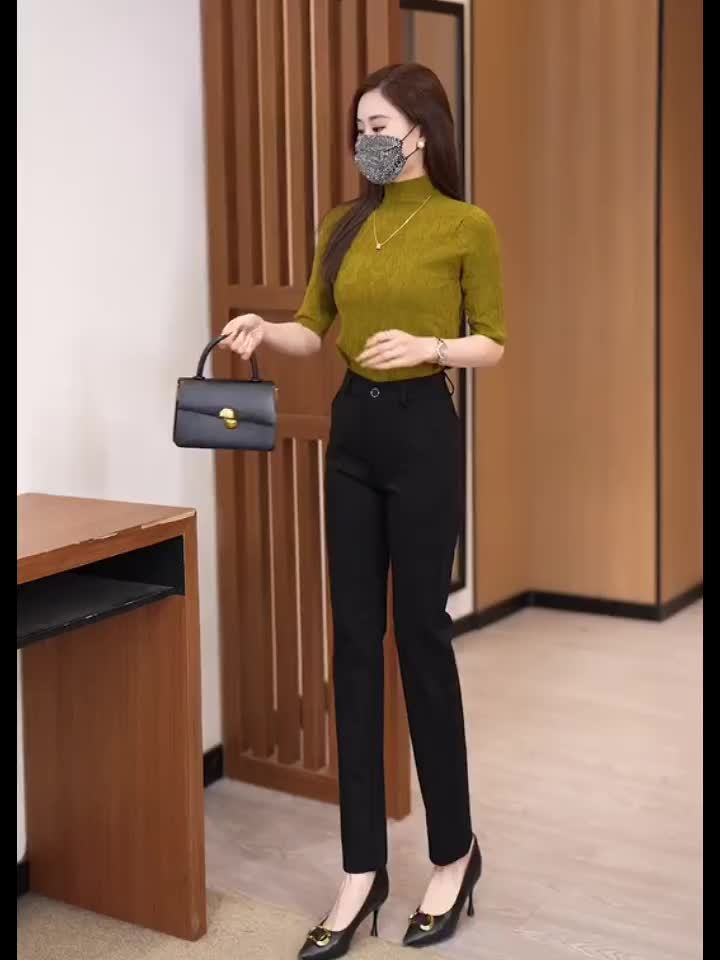 Women's High-Waist Straight-Leg Suit Pants - Navy Blue, Stretchy & Comfortable Nylon Blend, Slim Fit Professional Work Trousers with Pockets, Machine Washable, Versatile for Casual or Office Wear