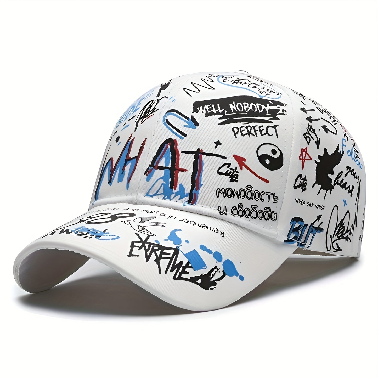 Stylish baseball cap with cool graffiti letter print, hard top, trendy hip-hop design, versatile sun protection hat for both European and American styles, available in 4 colors