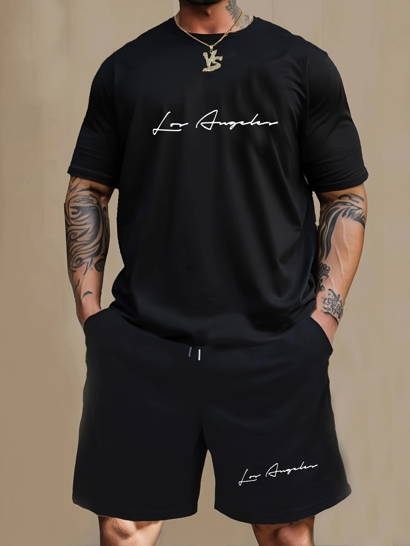 Men'S Casual 2pcs Set, Los Angeles Print, Short Sleeve Crew Neck T-Shirt & Knee-Length Shorts, Polyester & Spandex Blend, Comfortable Home Wear, All-Season Knit Fabric with Pockets, Regular Fit
