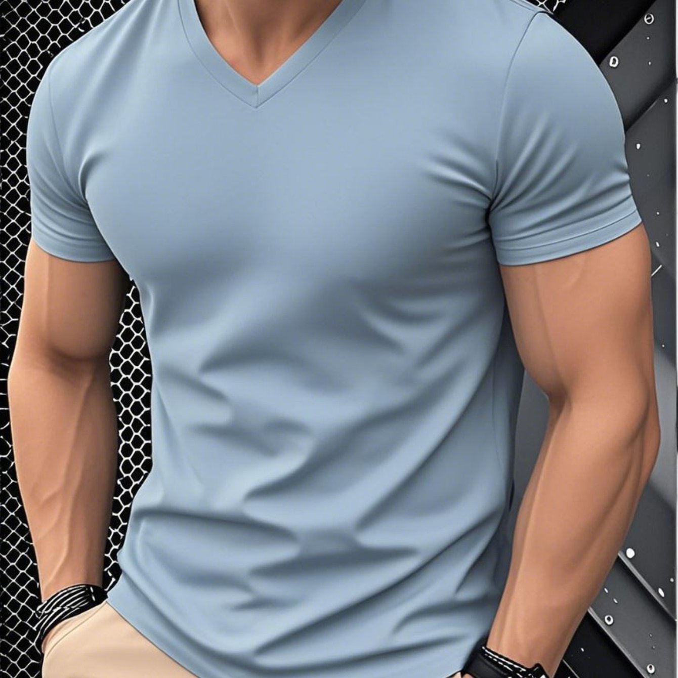 1pc Men's Light Blue Solid Color V-Neck Casual T-Shirt - Breathable Regular Fit Short Sleeve Tee for Spring Summer, Gym, Office & Casual Attire