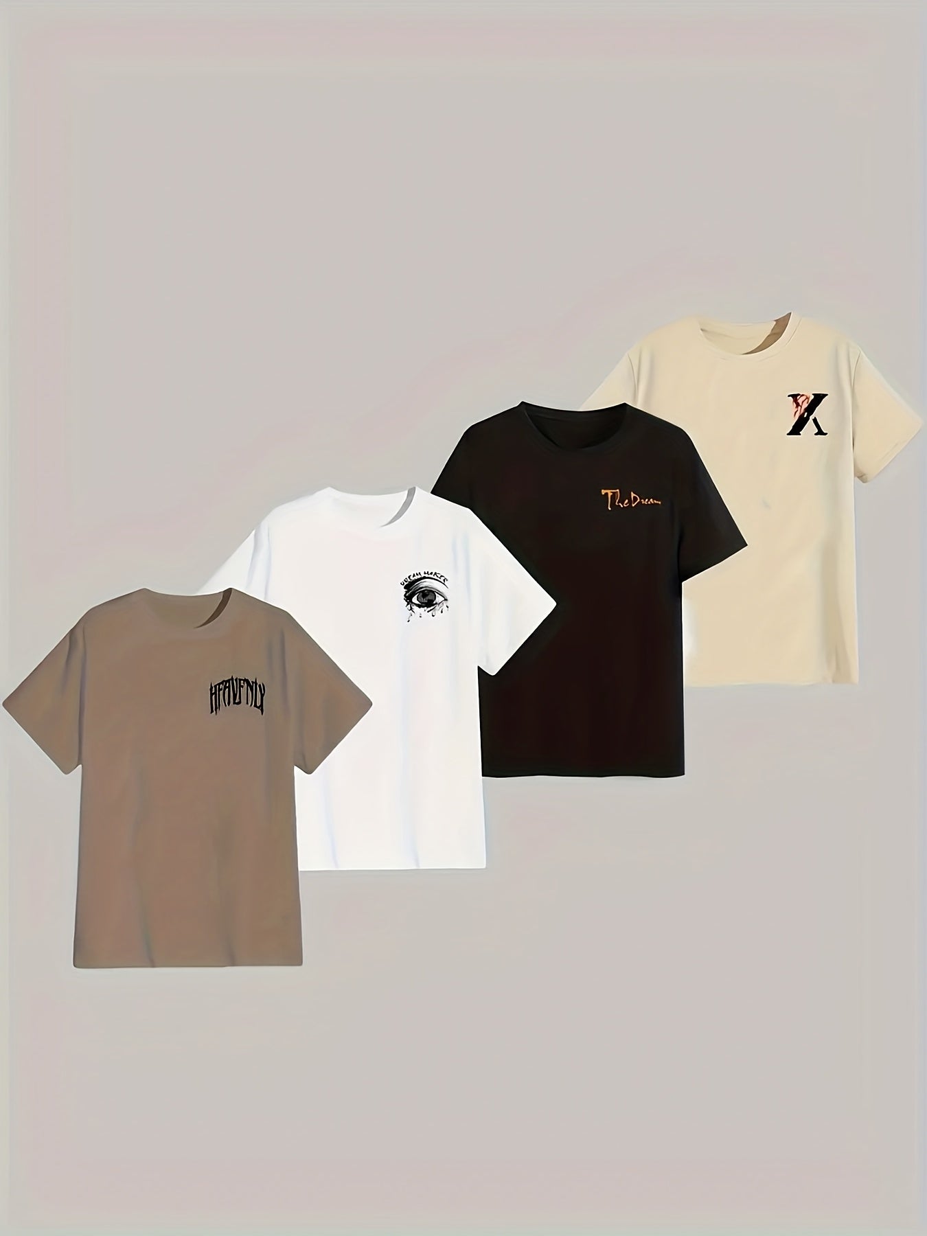 4pcs Men's Casual 3D Graphic T-Shirts - Bold Letter & Abstract Print Short Sleeve Tees, Regular Fit Round Neck, Machine Washable, All-Season Comfort, 4 Color Options, T Shirts Graphic, Edgy Streetwear, Nontransparent Fabric