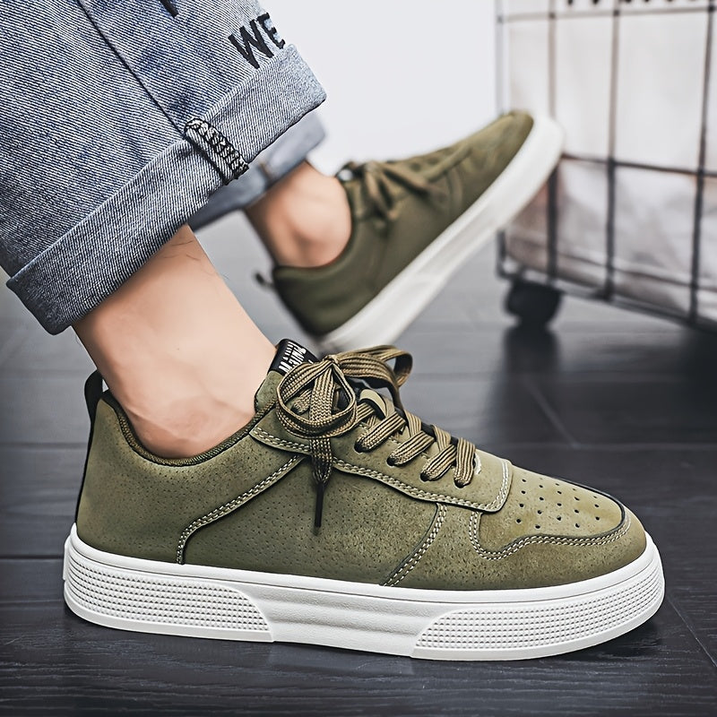 1 Pair MAINALUN Men'S Skateboarding Sneakers - Low-Top Lace-Up Casual Shoes with Thick PVC Sole, Breathable Fabric Lining & Durable Synthetic Upper for Daily Wear, Outdoor, Travel, Parties - Green/Black/Khaki, Skateboarding S