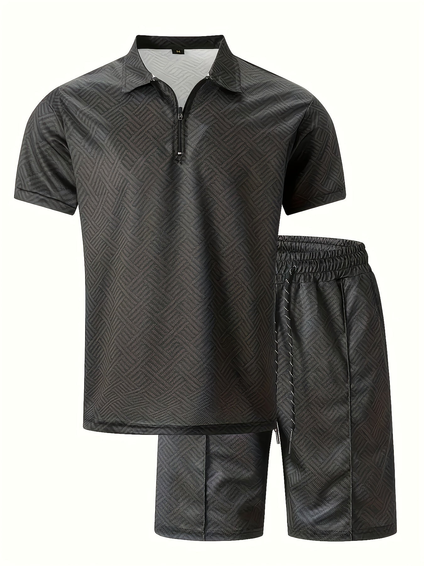 Men'S Tropical Print Casual Suit - Black Short Sleeve Zipper Shirt with White Pockets Shorts, Polyester, Machine Washable, Summer Beachwear, Summer Wear | Relaxed Fit Shirt | Woven Texture