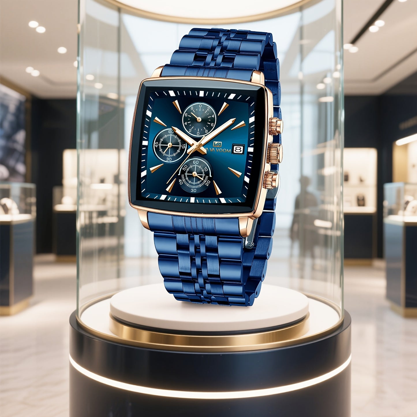VA VA VOOM Brand New Arrival 1pc Fashionable Golden & Blue & Silveryy & Black Stainless Steel Strap, Oversized Square Dial, Multifunctional Six Needle Three Eyes, with Calendar Window, Luminous Function, High-Quality Fashiona