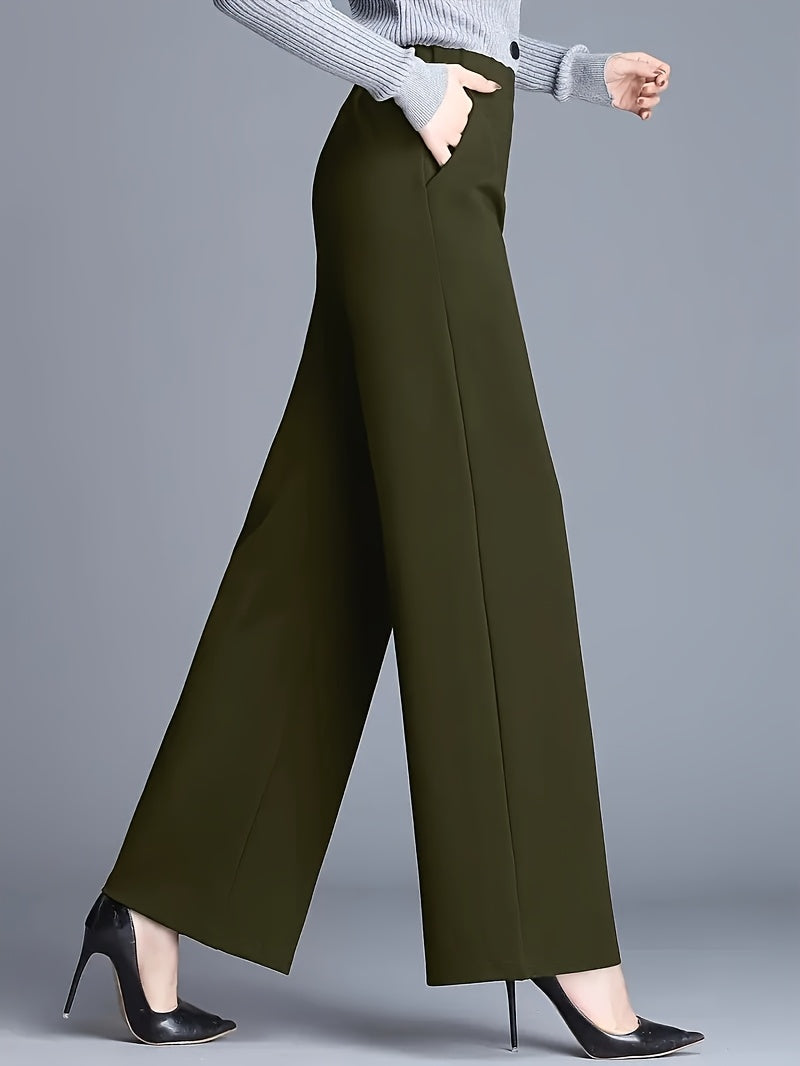 Women'S Olive Green Straight Leg Pants - Stretchy High-Waist, Casual & Comfortable, Ideal for Daily Commute & Casual Attire, Casual Wear|Straight Leg Pants|Stretchy Fabric