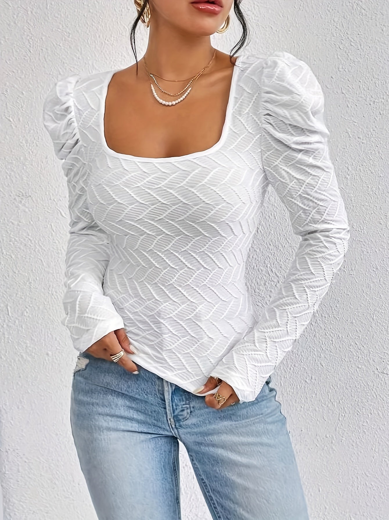 Women'S Elegant Solid Color Square Neck Long Sleeve T-Shirt - Chic Pleated Design, Regular Fit, Versatile for All Seasons