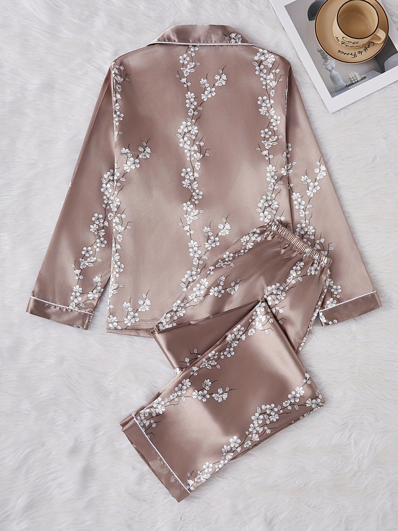Women'S Vintage Elegant Floral Print Satin Pajama Set, Long Sleeve Top and Pants, Polyester 97% Elastane 3%, Lapel Collar, Woven, 90gsm, Fall/Winter Sleepwear