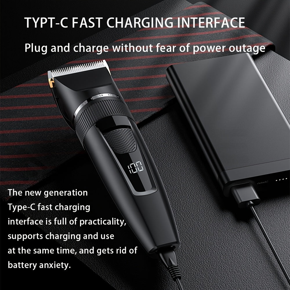 Professional Men's Electric Hair Clipper - Cordless, Adjustable, Rechargeable with LCD Display, USB Charging, for Hair, Face, Beard Trimming - ABS Material