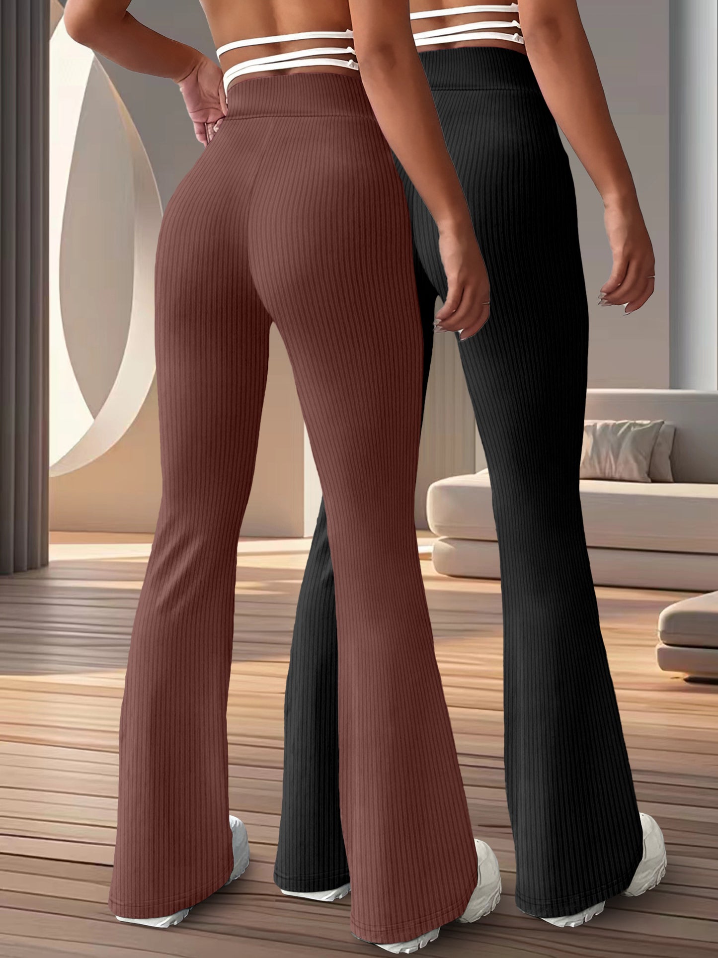 2-Pack Women'S High Waist Flare Leg Pants, Casual Stretchy Yoga Sports Trousers, 96% Polyester 4% Spandex, All-Season Knit Fabric, Solid Color Long Length Pants for Women