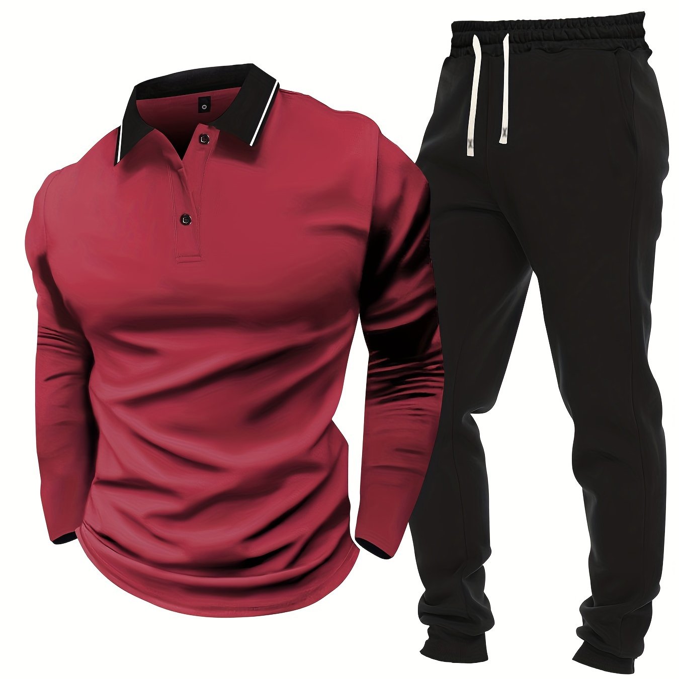 Men's Casual Color-Block Long Sleeve Button-Up Shirt & Drawstring Joggers Set - Polyester Blend, Pockets Included, Perfect for Spring/Fall
