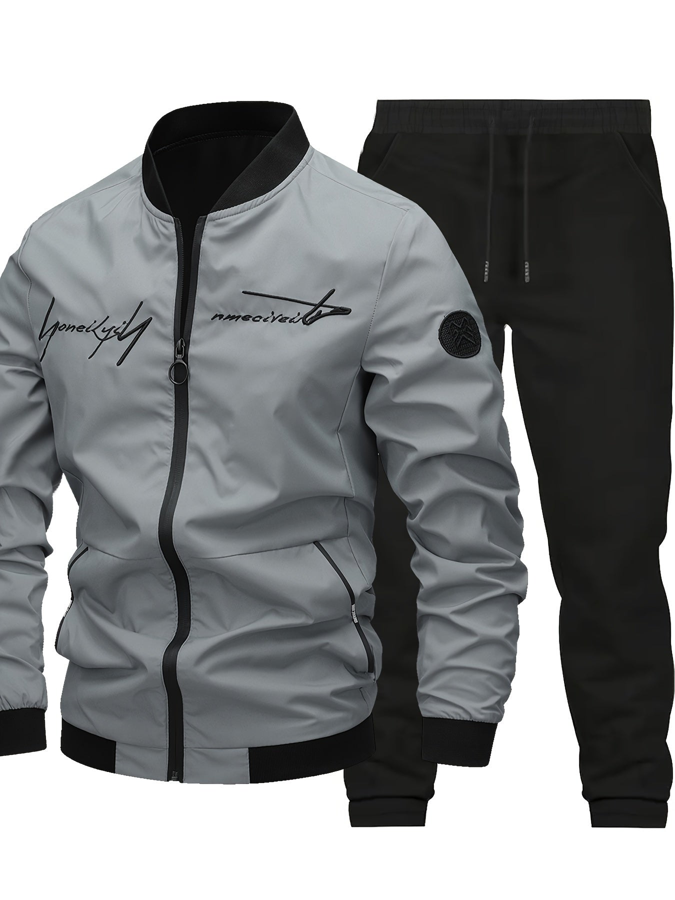 2pcs Men's Classic Bomber Jacket & Jogging Pants Set - Sleek Black with Letter Embroidery, Elastic Cuffs & Waistband, Durable Polyester, Perfect for Outdoor Activities & Casual Wear, Jogging Suits