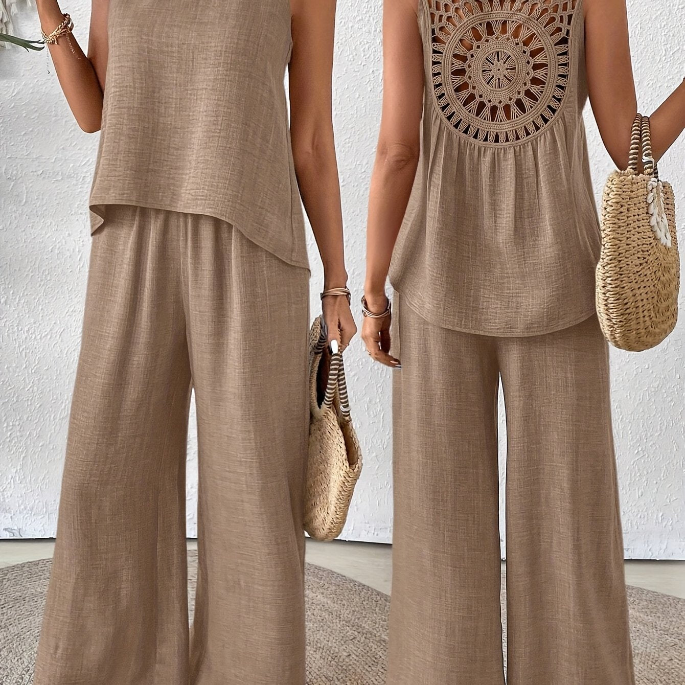 Women'S Summer Backless Cut-Out Panel Tank Top + Wide Leg Pants Set - Casual, Simple, Sleeveless, Polyester, Light Beige, Perfect for Spring/Summer, Casual Attire|Backless Top|Polyester Fabri