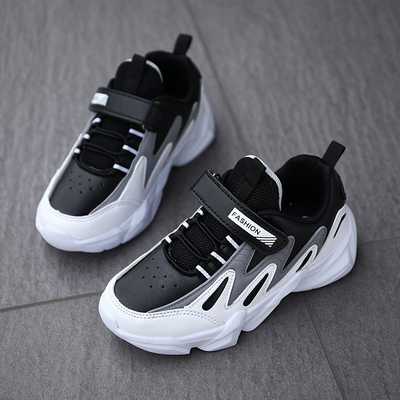 Youngsters' Lightweight Sporty Casual Sneakers with Closure, Geometric Color-Block Design, PU Upper & EVA Sole for Winter/Autumn - Breathable Fabric Lining, Grey & White, Winter Youngsters Footwear | Durable EVA Sole, Girls S