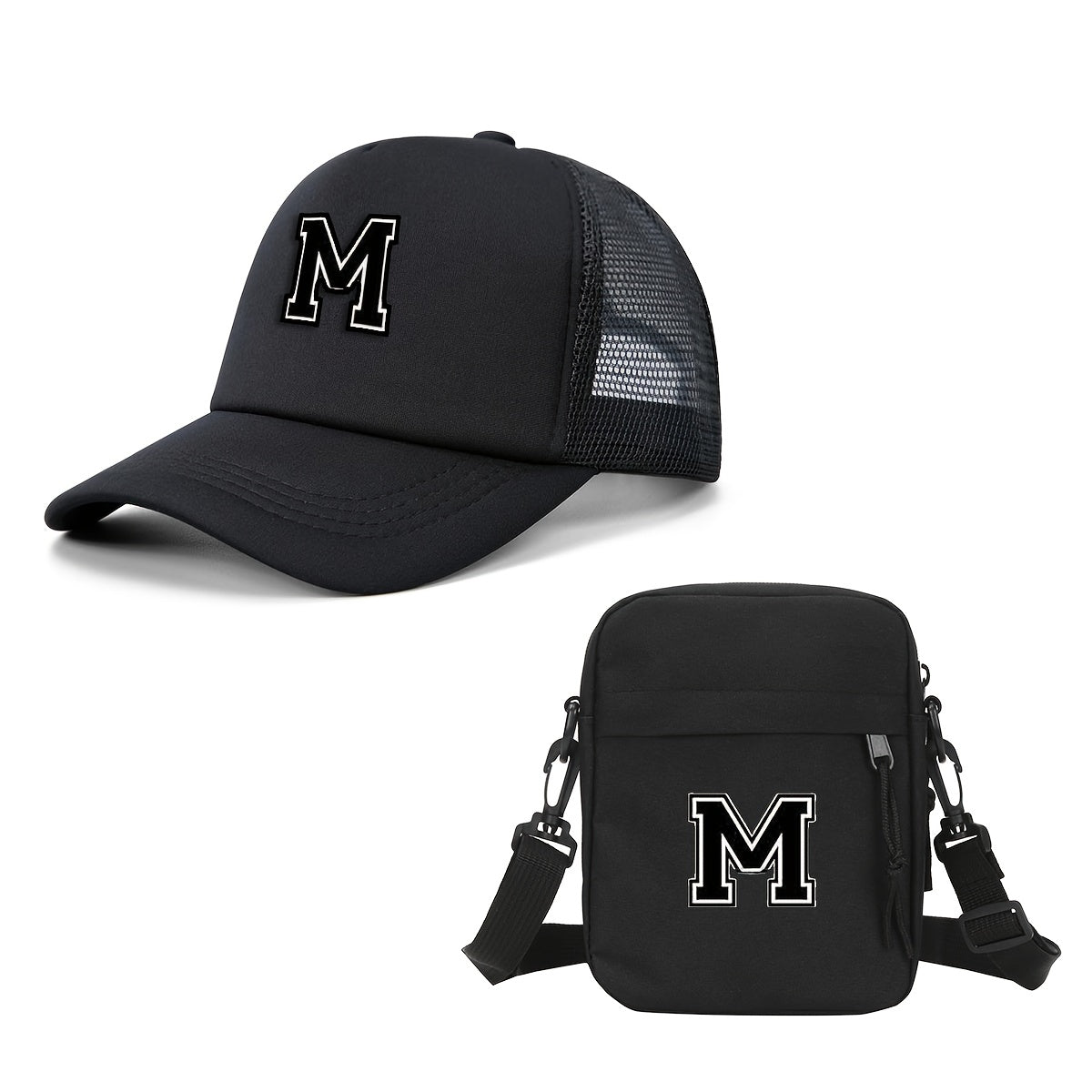 2pcs Men'S And Women'S 26-Letter Printed Trucker Hat & Bag Set, Mesh Breathable Versatile Casual Sun Hat, Suitable for Holiday Vacation, Mountain Climbing, Camping, Outdoor Street And Other Scenes, Suitable As a Birthday, Hol